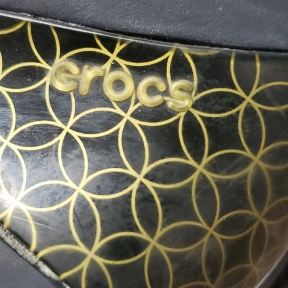 CROCS Women's Black and Gold Patterned Wedge Sandals Size 10